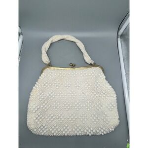 Vintage Beaded Off White Handbag‎ Hong Kong Pearlized Lucite Trim 1960s